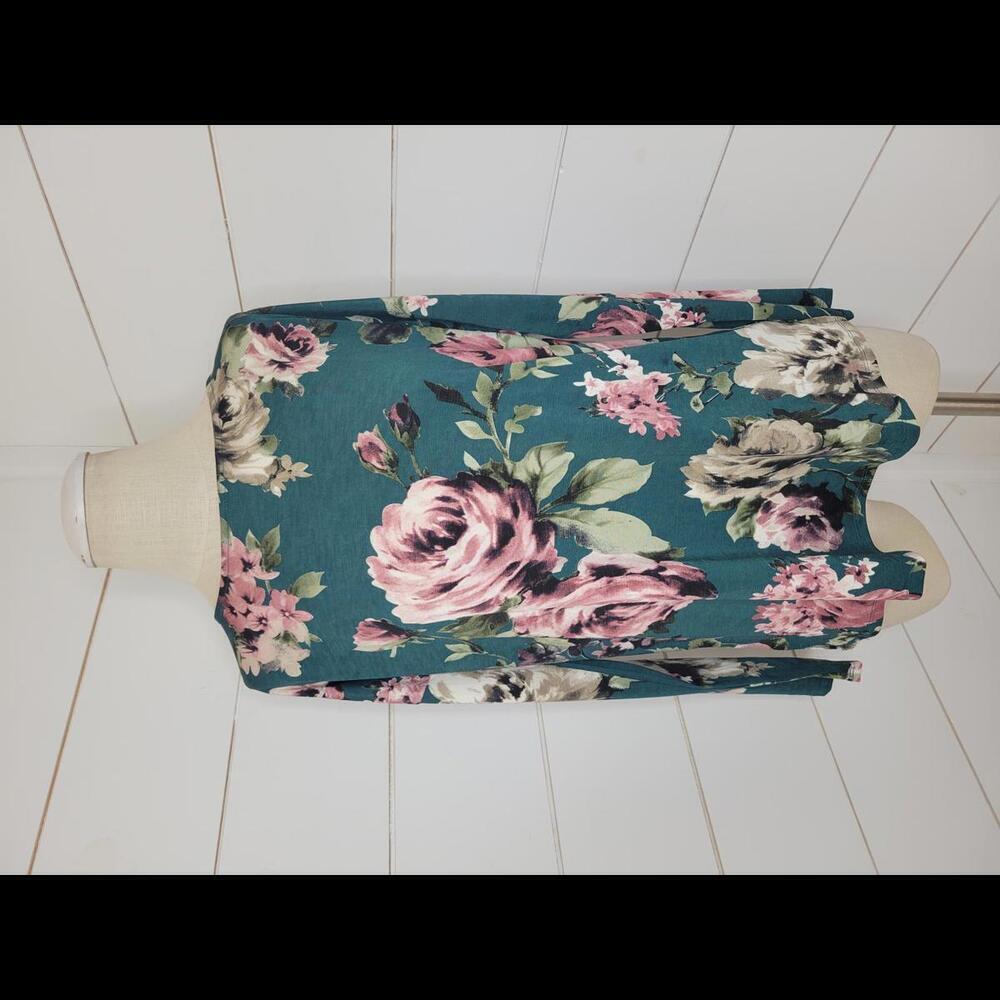 Sew In Love Teal Floral Long Sleeve Blouse with Pink and Cream Roses